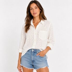 Current/Elliott The Prep School Shirt Women 1 White Eyelet Cotton Button Down